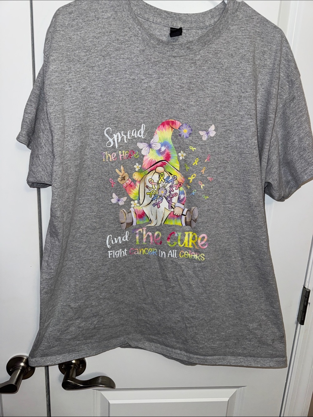 Gildan Gray Tee with Multicolor Gnome Cure Graphic